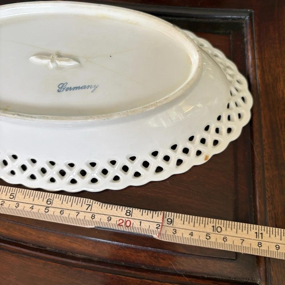Vintage Retriculated Lace Rim Oval Dish Bright Happy Flowers 10